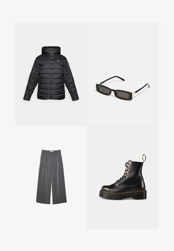 Sort polstret jakke med hætte, frontlynlås og tonal syninger. Hvidt logo på øverste venstre bryst. Glat, blankt stof.; Hvid kortærmet T-shirt lavet af bomuld, med rund hals og en afslappet pasform, uden synlige mønstre eller grafik.; Plisserede vide bukser i en mørkegrå stof med en subtil tekstur. Har en knaplukning og et klassisk talje-design.; Sorte læder snørebånd ankelstøvler med en kraftig sort sål og gul syning. Har en trækflap bagpå og runde metaløjer.; Sorte rektangulære solbriller med mørke linser, glansfulde plastikstel og guld accenter på stængerne. Minimalistisk design og slank form.