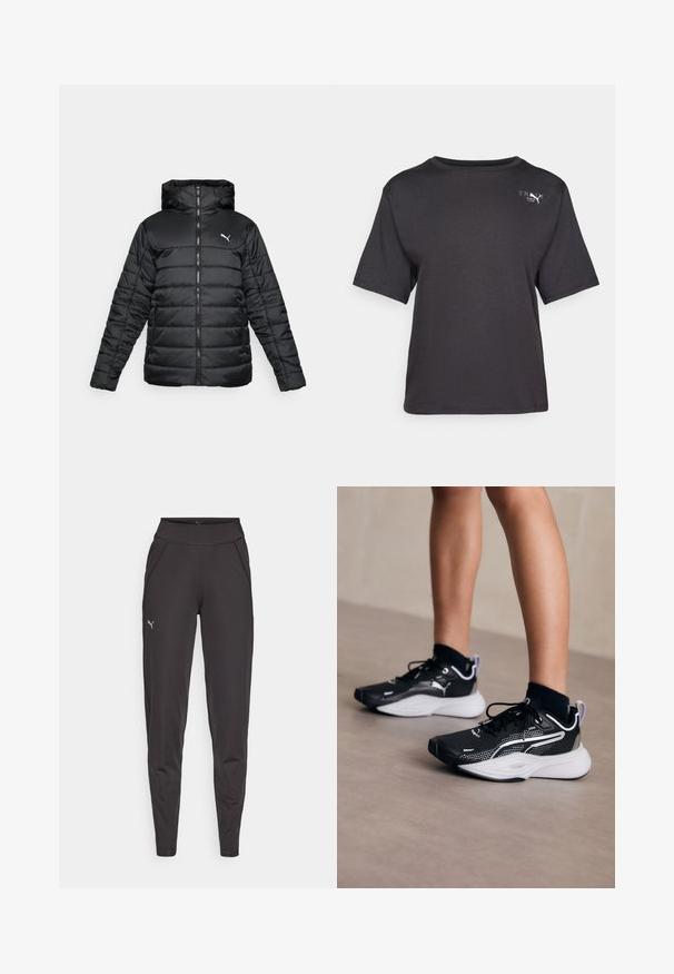 Jachetă neagră căptușită, cu glugă, fermoar frontal și cusături tonale. Logo alb în partea stângă sus a pieptului. Material neted și lucios.; Tricou negru cu mânecă scurtă, dintr-un material moale, având un decolteu rotund și un detaliu mic cu logo pe partea stângă sus.; Leggings atletice negre, fabricate dintr-un material elastic, cu un talie înaltă, buzunare laterale și un mic logo reflectorizant pe coapsa stângă.; Pantofi sport negri cu accente albe, parte superioară din plasă, șireturi și toc amortizat. Dispune de o talpă texturată pentru aderență.