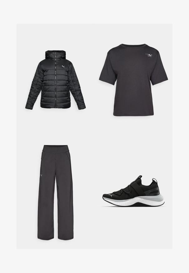 Črna podložena jakna z kapuco, sprednjim zadrgo in toniranim šivanjem. Bela značka na zgornjem levem prsnem delu. Gladek, sijoč material.; Črna majica s kratkimi rokavi iz mehkega materiala, s krožnim izrezom in majhnim logotipom na zgornji levi strani.; Črne atletske hlače z širokim pasom, stranskimi žepi in ravnimi šivi. Imajo majhen logotip na levi nogi. Narejene so iz gladkega, raztegljivega materiala.; Črne atletske čevlje z teksturirano zgornjšo plastjo, elastičnimi trakovi in debelim belim srednjim podplatom. Imajo sivo akcentsko linijo ob podplatu.