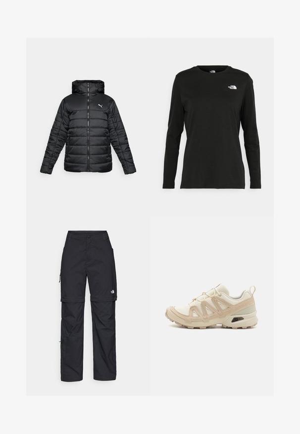 Sort polstret jakke med hætte, frontlynlås og tonal syninger. Hvidt logo på øverste venstre bryst. Glat, blankt stof.; Sort langærmet t-shirt lavet af bomuld med rund hals. Har et lille hvidt logo på venstre brystområde. Enkel design og pasform.; Sorte nylon cargo bukser med lynlås, justerbare manchetter, flere lommer og et logo på højre ben. Glat, let tekstur.; Beige og creme atletiksko med struktureret mesh-overdel, støttende overlays og gummiyderside med et mønster for trækkraft.