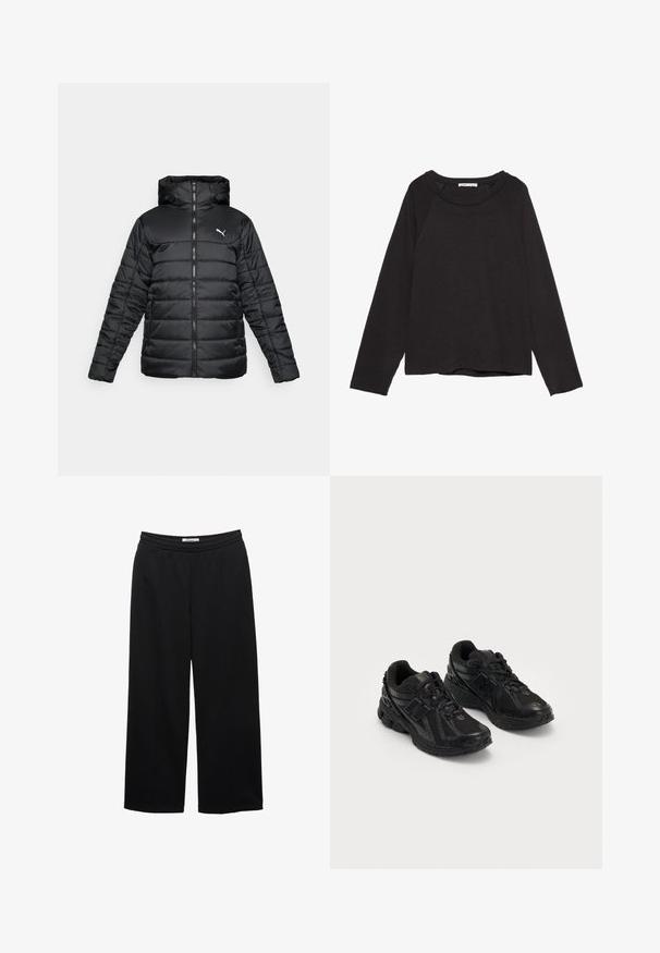 Sort polstret jakke med hætte, frontlynlås og tonal syninger. Hvidt logo på øverste venstre bryst. Glat, blankt stof.; Sort langærmet skjorte med rund halsudskæring, lavet af blødt stof, med raglan ærmer og en lige kant.; Sorte bredbenede bukser med elastisk talje, der har en glat overflade og to frontfolder for ekstra detaljer.; Sorte atletiske sko lavet af mesh og syntetiske materialer. Har en polstret sål, teksturerede mønstre og præget branding på siden.