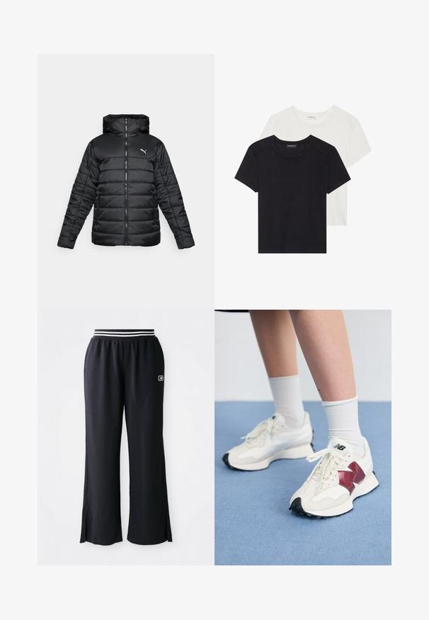 Crna podstavljena jakna s kapuljačom, prednjim zatvaračem i toniranim šavovima. Bijeli logo na gornjoj lijevoj strani prsnog dijela. Glatka, sjajna tkanina.; Dva kratka rukava T-majice u crnoj i bijeloj boji. Izrađene od mekog pamuka, s okruglim izrezom i standardnim krojem, s minimalnim detaljima šivanja.; Crne sportske hlače širokih nogavica, elastičan pojas sa crno-bijelim prugama i bočnim prorezima na rubu.; Par bijelih tenisica s maroon akcentima, teksturiranim panelima, ravnim crnim potplatom i svijetlim vezicama, nošene s bijelim čarapama do gležnjeva.