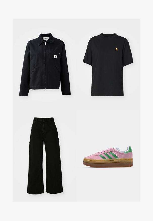 Črna platnena jakna z zadrgo spredaj, ovratnikom, dvema stranskima žepoma in žepom na prsih. Ima majhen bel kvadratni logotip na žepu.; Črna bombažna majica s sproščenim krojem. Ima okroglo ovratnik in kratke rokave. Vključuje majhen zlat vezen logotip na prsih.; Črne široke hlače cargo iz denima, z visokim pasom, sprednjim gumbom in stranskimi žepi. Gladka tekstura z minimalnim šivanjem.; Roza semširna športna obutev z zelenimi črtami, belimi detajli in rjavim gumijastim podplatom. Ima teksturovan material in logotip na strani.