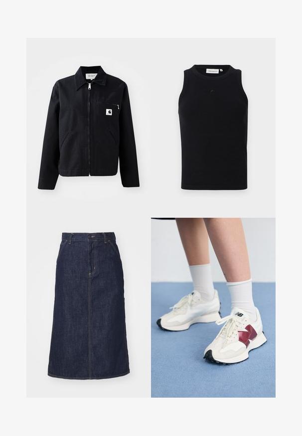 Svart kanvasjakke med glidelås foran, krage, to sidelommer og en brystlomme. Har et lite hvitt firkantet logo på lommen.; Svart ermeløs tanktop laget av ribbestrikket stoff, med rund hals og en liten logo på fronten. Enkel, tettsittende design.; Mørk denimskjørt med høy midje, rett snitt, frontlommer og sømmer. Har glidelås og knappeåpning i midjen.; Par med hvite joggesko med bordeaux detaljer, teksturerte paneler, flat svart yttersåle og lette snøringer, iført hvite ankelstrømper.