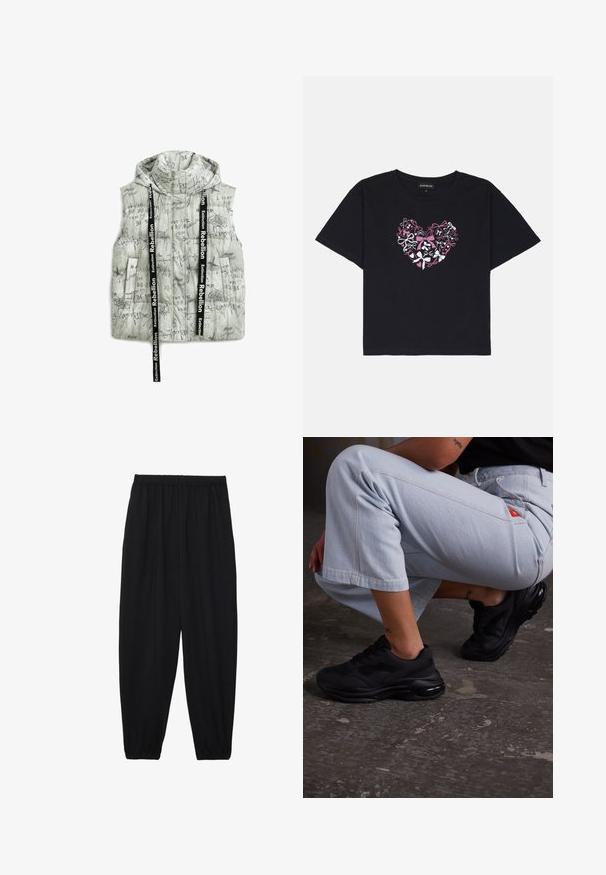 Gepolsterte Weste in Hellgrau mit schwarzem Text und grafischen Mustern. Verfügt über eine Kapuze, zwei Seitentaschen und schwarze Zugbänder mit Logoakzenten.; Schwarzes Baumwoll-T-Shirt mit kurzen Ärmeln, das ein Herzdesign aus bunten Schleifen in Pink, Weiß und Schwarz in der Mitte zeigt.; Schwarze, leichte Hosen mit einem elastischen Bund und gerafften Knöcheln. Der Stoff ist glatt und hat ein entspanntes, schmal zulaufendes Design.; Schwarze Sportsneaker mit einer strukturierten Oberfläche, dicker Sohle und Luftpolsterung. Kombiniert mit hellblauen, cropped Hosen in einer lässigen Haltung.