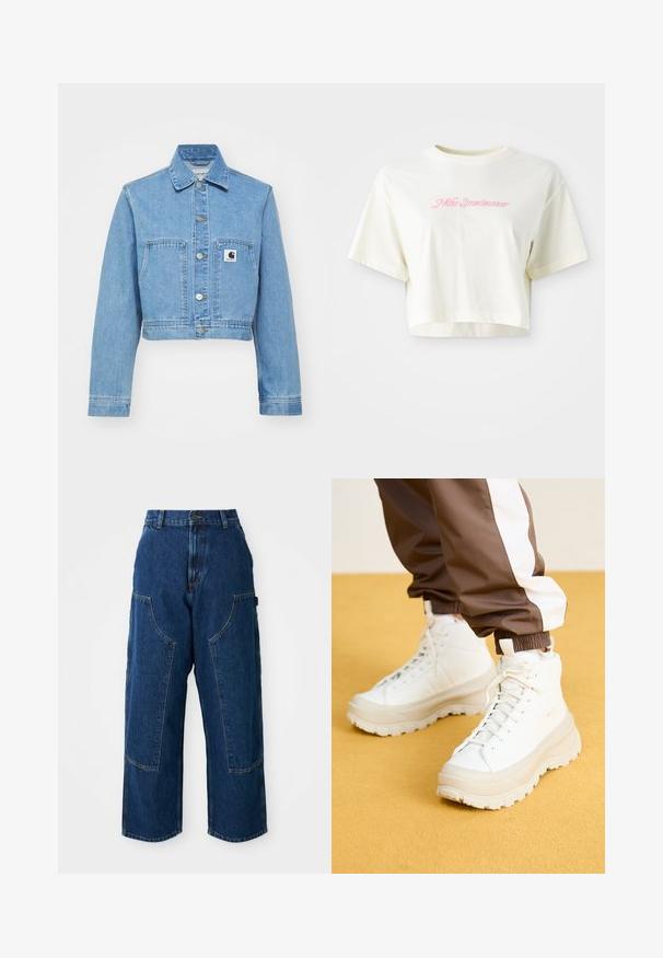 Kék farmer cropped dzseki gombos záródással, két elülső zsebbel és logó címkével. Klasszikus gallérral és hosszú ujjal rendelkezik.; Rövid ujjú, krém színű, pamutból készült póló. A bal mellrészen rózsaszín hímezett logó található, amelyen a "Nike Sportwear" felirat olvasható. Kerek nyakú.; Sötét farmer széles lábú nadrág magas derékkal, nagy elülső zsebekkel és kontrasztos varrással. Az anyagnak enyhe textúrája van.; Fehér, magasszárú sportcipők, vastag, texturált talppal, sima bőr felsőrésszel, kerek orral és azonos színű fűzőkkel, sárga háttér előtt.