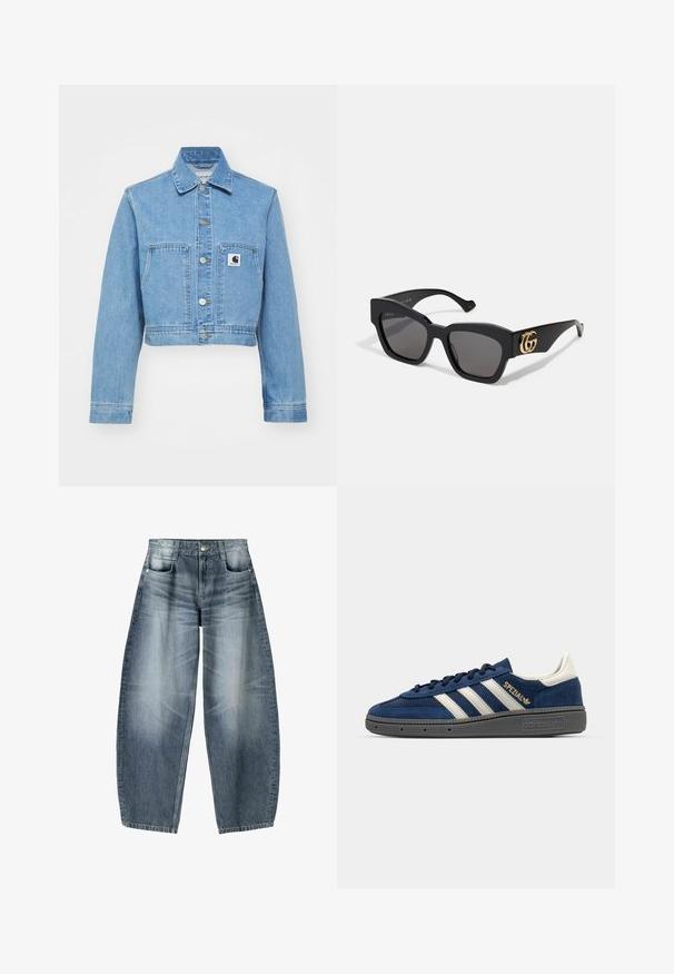 Blå denim kort jakke med knaplukning, to frontlommer og et logo mærke. Har klassisk krave og lange ærmer.; Hvid bomulds tanktop med brede skulderstropper, en rund halsudskæring og en glat, ribbet tekstur. Ingen mønstre eller detaljer til stede.; Bredde jeans lavet af lyseblå denim med falmning, der har et fem-lomme design, knaplukning og minimale syninger.; Mørkeblå ruskinds sneakers med hvide striber, guld "Spezial" detalje, grå tekstureret sål, rund tå og matchende snørebånd. Klassisk design.; Sorte rektangulære solbriller med mørke linser, udstyret med et guld GG-logo på siden. Fremstillet af blank plastik med lige stelarm.; Blå quiltet denim skuldertaske med guld kæde-rem og en fremtrædende guldlogo-accent på forsiden. Kompakt rektangulær form.