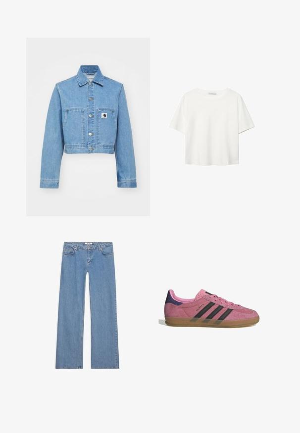 Giacca in denim blu corta con chiusura a bottone, due tasche frontali e un'etichetta con logo. Presenta un colletto classico e maniche lunghe.; T-shirt bianco a maniche corte realizzato in cotone. Presenta un collo tondo e una vestibilità rilassata. Texture liscia senza motivi o dettagli visibili.; Jeans larghi di colore azzurro chiaro, realizzati in denim, dotati di un design a cinque tasche, chiusura con bottone e dettagli cuciti lungo le cuciture e gli orli.; Sneaker in suede rosa con strisce nere, suola in gomma e tallone texturizzato viola. Presenta un design con lacci e un marchio in rilievo sul lato.