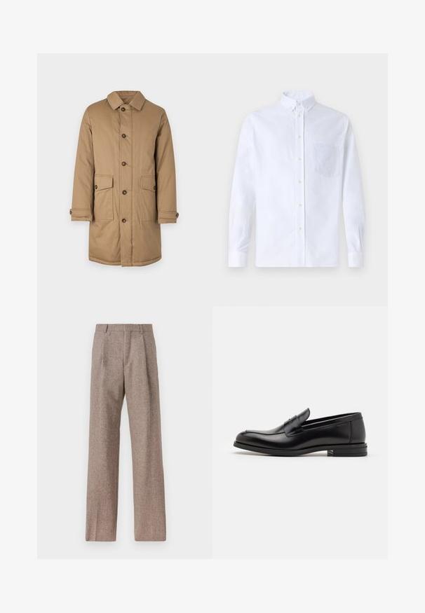 Ruskea takki, joka on valmistettu kestävästä kankaasta, jossa on kauluksellinen kaulus, etupainikkeet, kaksi sivutaskua ja napilla kiinnitettävät hihansuut.; Valkoinen pitkähihaista napillista paitaa, joka on valmistettu puuvillasta. Paita sisältää rinnan kohdalla taskun, jossa on samaa sävyä oleva brodeeraus, kauluksen sekä napilliset hihansuut.; Ruskejat, korkeavyötäröiset housut, jotka on valmistettu teksturoidusta kankaasta. Ominaisuuksina ovat leveät lahkeet ja kaksi etupuolelle ommeltua laskosta rakenteen tukemiseksi. Siisti viimeistely ilman näkyvää metalliosaa.; Mustat nahkakengät, joissa on sileä pinta, pyöreä kärki ja koristeellinen nauha jalkapöydän yli. Matala pinoitu koroke, minimalistinen muotoilu.