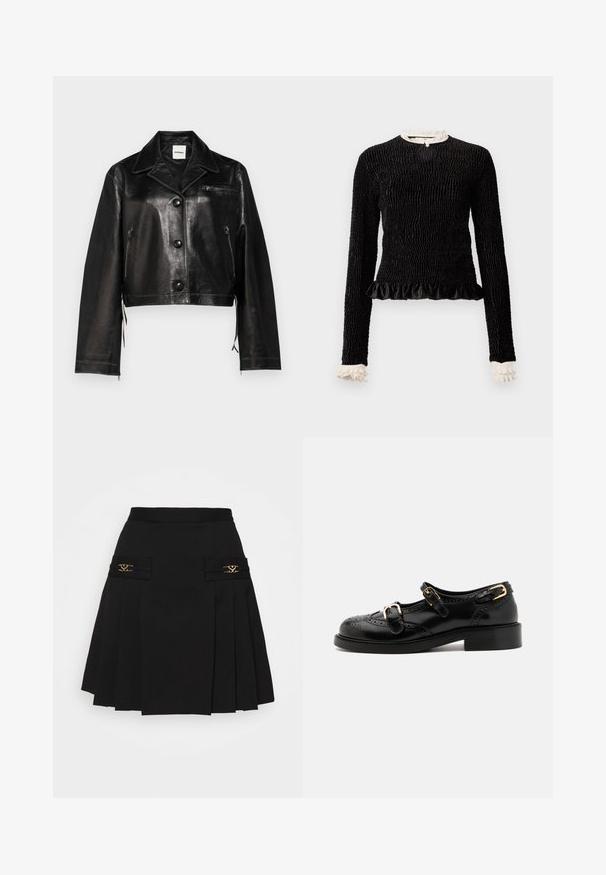 Czarna skórzana kurtka krótka z klapami, z przodu z guzikami, z bocznymi suwakami i kieszenią na piersi. Gładka tekstura i dopasowany krój.; Czarny top z długim rękawem, z teksturowanej tkaniny, z falbaną na dolnym brzegu oraz białymi falbankami przy kołnierzyku i mankietach. Posiada centralne zapięcie na pętelkę.; Czarna plisowana spódnica z złotymi akcentami. Posiada boczne kieszenie z logo, wykonana z gładkiego materiału. Sylwetka w kształcie litery A.; Czarne skórzane buty z detalami brogu, z dwoma klamrami, okrągłym noskiem i niskim obcasem. Gładka tekstura z błyszczącym wykończeniem.