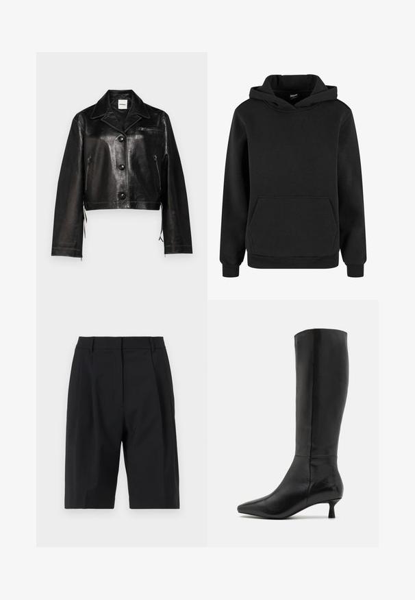 Melnas ādas īsa jaka ar iegriezumu apakšā, priekšējiem pogu slēdžiem, sānu rāvējslēdzējiem un krūšu kabatas detaļām. Gluda tekstūra un pieguļošs dizains.; Melnā sporta jakā, kas izgatavota no mīkstas auduma, ir kenguru kabata, ribotās piedurknes un kapuce ar auklu. Vienkāršs, minimālistisks dizains.; Selected Femme SLFABBI BERMUDA - Šorti - black; Zign Zābaki - black