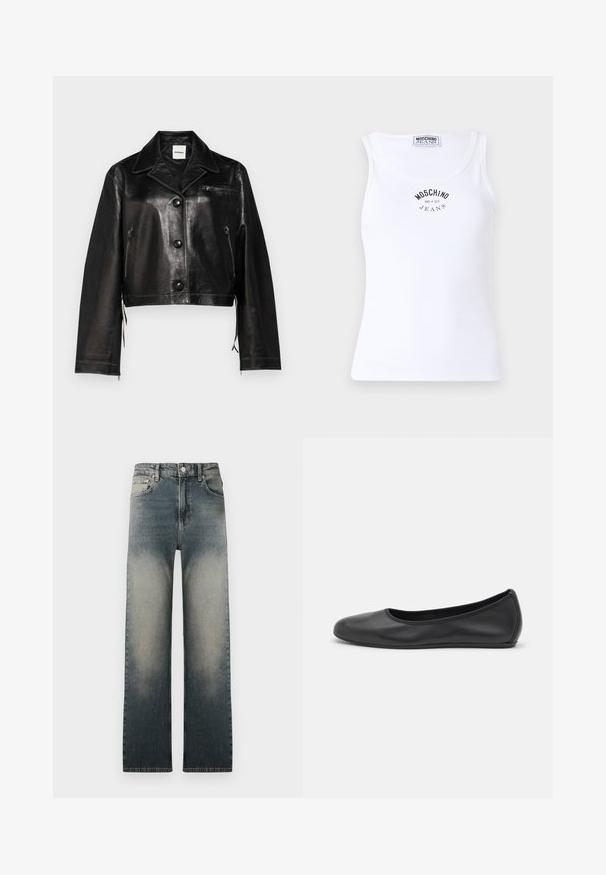 Juodas odinis apkarpytas švarkas su įpjovimu ant apykaklės, priekiniais mygtukais, šoninėmis užtrauktukais ir krūtinės kišene. Lygus paviršius ir prigludęs dizainas.; Balta dryžuota maikutė su apvaliu iškirpimu, priekyje su juodu spausdintu logotipu, kuriame parašyta "MOSCHINO JEANS".; Balta ilgomis rankovėmis marškiniai su apykakle ir juodu siuvinėtu tekstu "Moschino Jeans" viršutiniame kairiajame krūtinės kampelyje.; Aukštos juosmeniu tiesaus kirpimo džinsai su išblukusia šviesia ir tamsiai mėlyna džinsų skalbimo spalva bei klasikinio penkių kišenių dizainu.; Juodai odiniai baletai su apvaliu pirštu, lygi texture, minimalus siuvimo detales ir lanksčiu padų dizainu.