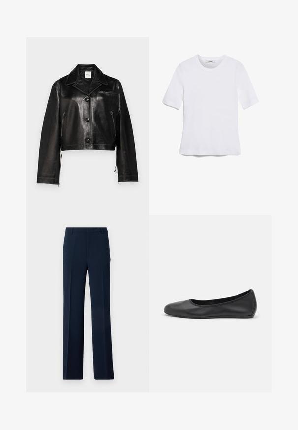 Μαύρο δερματίνι κοντό μπουφάν με καμπύλο γιακά, μπροστινά κουμπιά, πλαϊνές φερμουάρ και λεπτομέρεια τσέπης στο στήθος. Λείο υφάσμα και εφαρμοστή σχεδίαση.; Άσπρο κοντομάνικο μπλουζάκι φτιαγμένο από ριγέ ύφασμα. Στρογγυλή λαιμόκοψη, κανονική εφαρμογή και διακριτές λεπτομέρειες ραφής. Χωρίς σχέδια ή γραφικά.; Ναυτικό μπλε παντελόνι από ομαλό ύφασμα, με σχεδίαση ίσιας γραμμής, μπροστινές πιέτες και πλαϊνές τσέπες για μια κομψή εμφάνιση.; Μαύρο δερμάτινο μπαλαρίνι με στρογγυλή μύτη, λεία υφή, ελάχιστες λεπτομέρειες ραφής και σχεδίαση ευέλικτης σόλας.