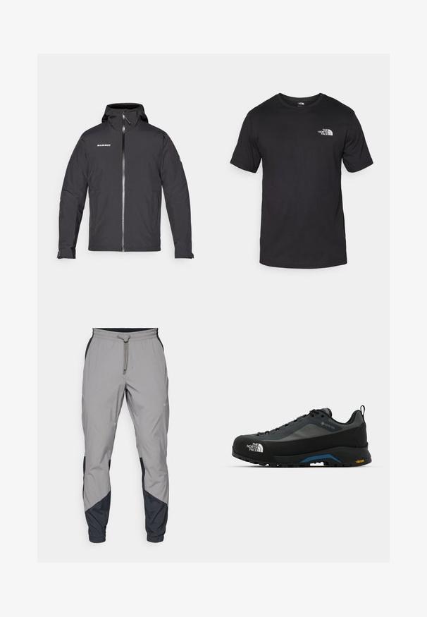 Casaco impermeável preto com capuz, fecho éclair frontal e detalhe do logótipo no lado esquerdo do peito. Apresenta mangas longas com punhos ajustáveis.; T-shirt preto de manga curta feito de algodão, com um decote redondo e um pequeno logótipo branco na parte superior esquerda do peito.; Calças de treino leves e cinzentas com detalhes pretos. Cintura elástica, fecho com cordão, design de perna afunilada e bolsos laterais.; The North Face VERTO ALPINE GORE TEX - Sapatos de caminhada - asphalt grey/tnf black