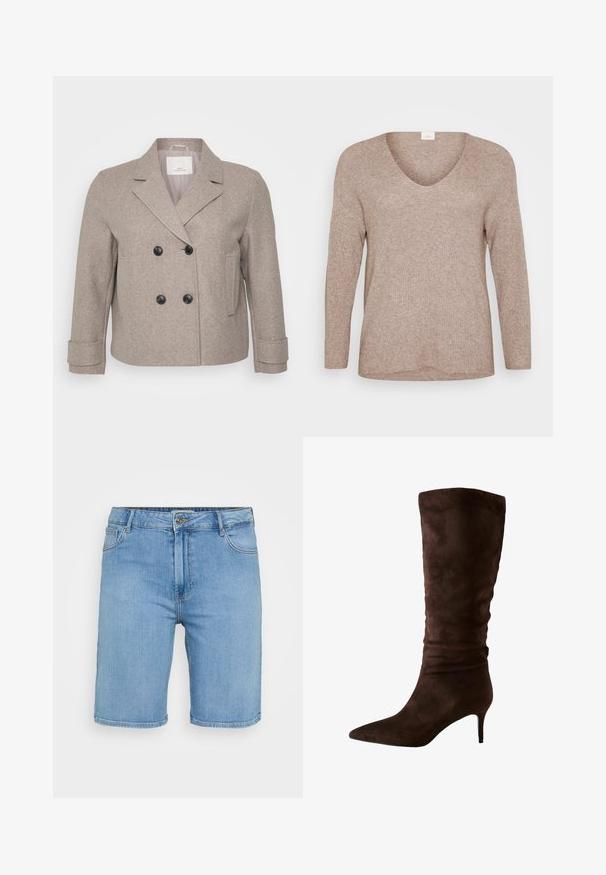 Dvojřadý kabát z světlé béžové vlněné směsi. Obsahuje černé knoflíky, klopový límec a jedno kapsu na pravé straně.; Světle hnědý, žebrovaný svetr s dlouhými rukávy a výstřihem do V. Hladká textura s uvolněným střihem a rovním lemem. Žádné viditelné vzory ani akcenty.; Bílá košile s límečkem, s jednou kapsou na levé straně hrudi, dlouhé rukávy s knoflíkovými manžetami a zakřiveným lemem. Vyrobeno z bavlny.; Světle modré džíny s klasickým střihem, s předním zapínáním na knoflík, poutky na opasek a dvěma bočními kapsami. Hladká textura a rovný lem.; Hnědé semišové kozačky po kolena s špičatou špičkou a štíhlým podpatkem. Design obsahuje nabranou texturu blízko vršku pro dodatečný detail.