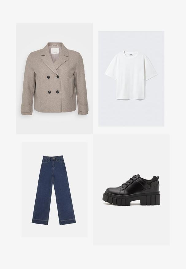 Divdubtā jaka gaiši bēšā vilnas maisījumā. Iespējas: melni pogas, iegriezts apkakle un viena kabata labajā pusē.; Balts īsām piedurknēm T-krekls no mīksta kokvilnas auduma, ar apaļu kakla izgriezumu un brīvu piegriezumu, taisnu apakšmali, vienkāršs, bez rakstiem vai grafikām.; Platās kājas džinsi tumši zilā denima krāsā. Iespējas: piecas kabatas, siksnu cilpas un neapstrādāta apakša ar redzamām šuvju detaļām.; Melnas ādas platformas kurpes ar masīvu bloku papēdi, apaļu purngalu un tradicionālu saistīšanas dizainu. Izceļas ar gludu tekstūru un minimālu apdari.