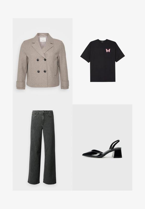 Kétgombos kabát világos bézs gyapjúkeverékből. Fekete gombokkal, valamint nyakkivágással rendelkezik, és egy zsebe van jobbra.; Fekete pamut póló rövid ujjakkal, bal mellkason egy kis rózsaszín pillangó grafikával. Kerek nyakú kialakítás, laza fazonnal.; Sötét szürke denim széles lábú farmer, diszkrét zebra mintás textúrával, kontrasztos varrással és öt zsebes kialakítással, gombos zipzárral.; Fekete lakk bőr szandálkés magas sarkú cipő, hegyes orral és geometrikus tömbsarkakkal. Karcsú, minimalista dizájn és sima textúra jellemzi.