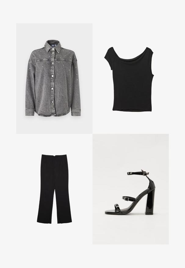 Siva traper košulja s klasičnim ovratnikom, dugmadi sprijeda i ukrašena malim srebrnim čavlima na ramenima i prsima. Dugi rukavi.; Crna majica kratkih rukava od glatkog materijala; ima drapirani izrez i asimetrični donji rub, uz prilagođeni kroj tijela.; Crne hlače ravnog kroja, s prednjim džepovima i bočnim prorezima na rubu. Izrađene od mekog i glatkog materijala. Pogodne za razne prigode.; Crne lakirane sandale na pete sa kvadratnim nosom, trakama oko gležnja i srebrnim kopčama. Imaju čvrst blok petu za stabilnost.