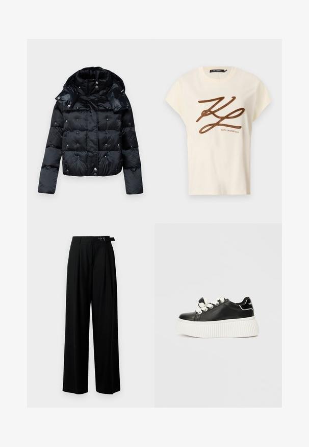 Patrizia Pepe COATS - Winter jacket - nero; Cream-colored cotton t-shirt with short sleeves, featuring a brown embroidered logo and script design on the front.; Black wide-leg trousers with a high waist, pleats at the front, and a belt featuring a buckle. Made from smooth, lightweight fabric.; Black leather sneaker with a thick white ribbed sole, featuring white shoelaces, and a decorative bow accent on the tongue.