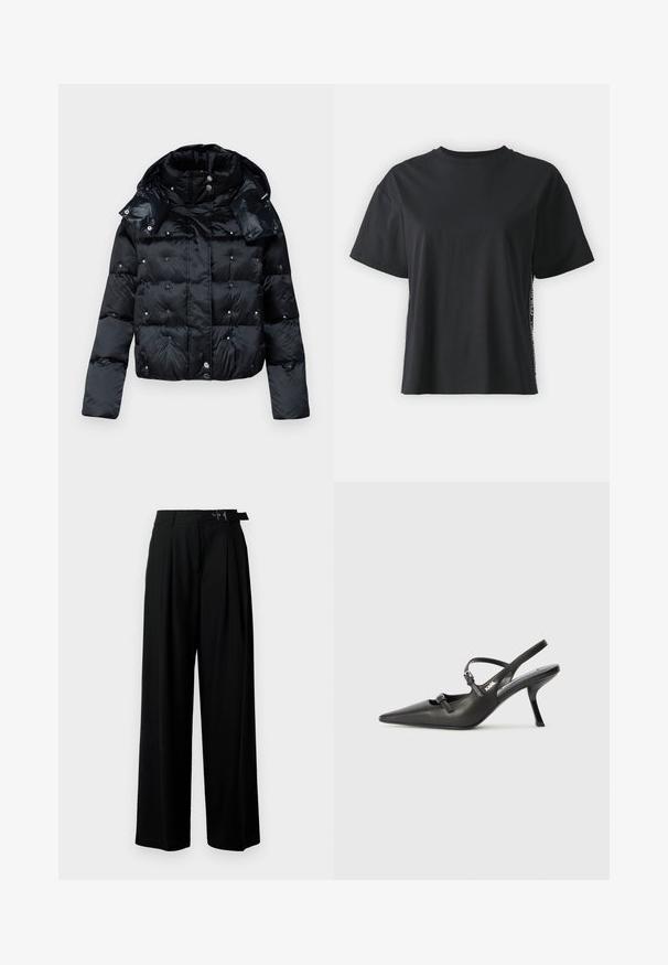 Patrizia Pepe COATS - Vinterjacka - nero; Svart kortärmad t-shirt i bomull med avslappnad passform och kontrasterande sidopanel som har små texter och designdetaljer.; Svarta byxor med vida ben och hög midja, med veck framtill och ett bälte med spänne. Tillverkade av ett mjukt, lätt tyg.; Svarta läderklackar med slingback, spetsig tå, smal klack och dekorativ spänndetalj på ovansidan. Slät struktur och stilren design.