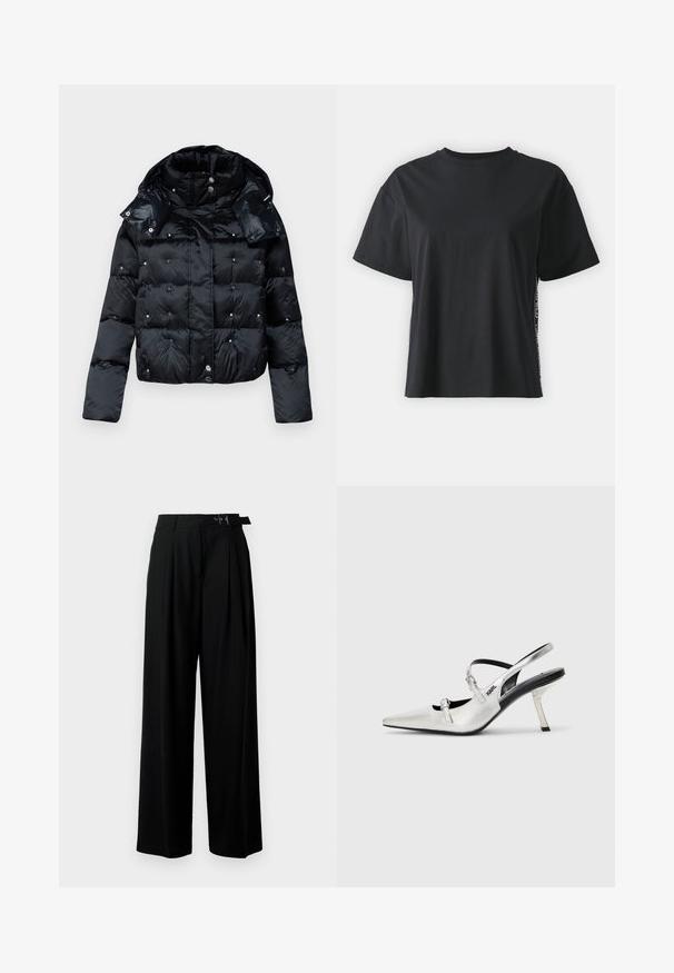 Patrizia Pepe - Kurtka zimowa; Czarna bawełniana koszulka z krótkim rękawem o luźnym kroju, z kontrastującym bocznym panelem, zawierającym mały tekst i detale wzornicze.; Czarne spodnie szerokie w nogawkach z wysokim stanem, z plisami z przodu oraz paskiem z klamrą. Wykonane z gładkiego, lekkiego materiału.; Srebrne szpilki typu slingback z zaostrzonym noskiem, o gładkim metalicznym wykończeniu, smukłej szpilce oraz dekoracyjnym wykończeniu pasków.