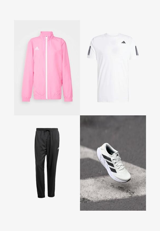 adidas Performance ENTRADA 22 PRESENTATION JACKET - Trainingsvest - pink glow; Witte T-shirt van stof met korte mouwen, ronde hals en drie zwarte diagonale strepen op elke mouw. Subtiel logo op de borst.; Zwarte sportbroek met elastische tailleband, trekkoord, aangesloten enkels en een klein wit logo op de rechterdij.; Witte sportschoen met een textuur van mesh, zwarte strepen, vetersluiting en een gevoerde zool, zwevend boven een gemarkeerd wegoppervlak.