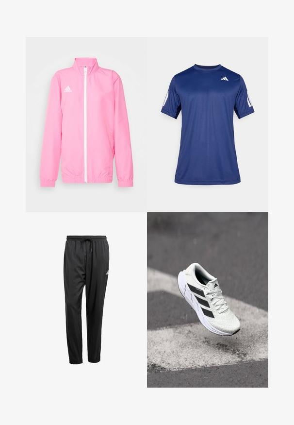 adidas Performance ENTRADA 22 PRESENTATION JACKET - Treningsjakke - pink glow; Marineblå, kortermet treningstrøye laget av glatt stoff, med rund hals og en hvit logodetalj på øverste venstre bryst.; Svarte treningsbukser med elastisk linning, snor, mansjetter på anklene og en liten hvit logo på høyre lår.; Hvit sportsko med teksturert mesh-overdel, svarte striper, snøring og en polstret såle, svevende over en markert veidoverflate.