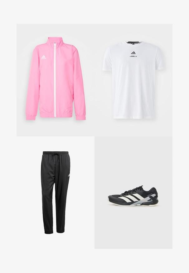 adidas Performance ENTRADA 22 PRESENTATION JACKET - Träningsjacka - pink glow; Vit atletisk t-shirt gjord av lättviktig tyg. Har rund halsringning, korta ärmar och svart "LES MILLS"-logotyp på framsidan.; Svarta träningbyxor med elastisk midja, dragsko, muddar vid anklarna och en liten vit logotyp på höger lår.; Svart atletisk sko med vita ränder, mesh-övre, rund tå och dämpad sula. Har en strukturerad häl och ett säkert snörningssystem.