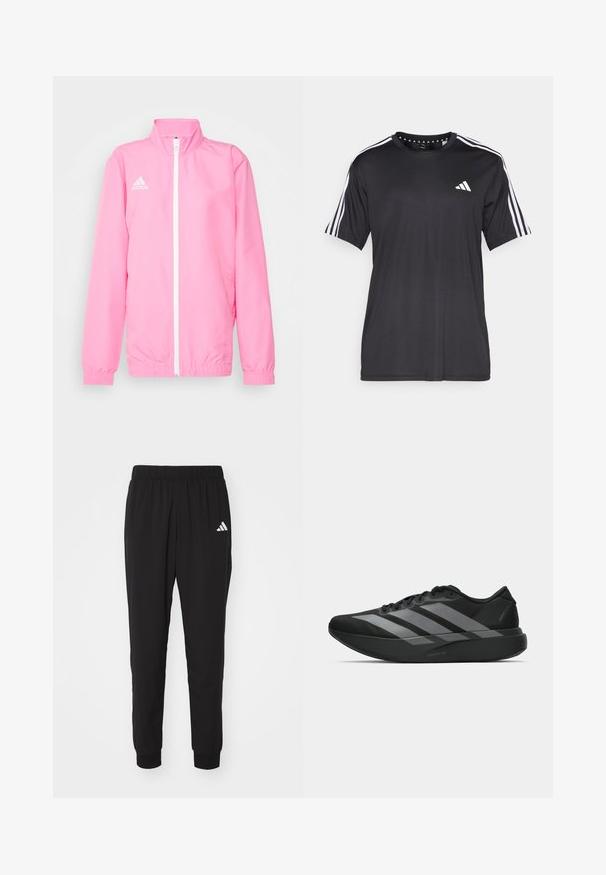 adidas Performance ENTRADA 22 PRESENTATION JACKET - Training jacket - pink glow; Black short-sleeve t-shirt with white three-stripe design on shoulders and logo on the chest. Made from breathable fabric, smooth texture.; Black athletic pants with an elastic waistband, cuffed ankles, and white Adidas logo on the left thigh. Made from lightweight, smooth fabric.; Black athletic shoes with a lightweight design, featuring three prominent gray stripes, a smooth texture, and a contoured sole.