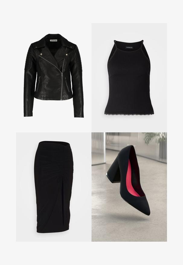 Czarna skórzana kurtka motocyklowa o dopasowanym kroju, asymetryczny zamek, strukturalne ramiona i dwie przednie kieszenie na zamek. Gładkie wykończenie.; Czarny ribbed top na ramiączkach z falbaniastym koronkowym wykończeniem u dołu. Posiada cienkie ramiączka i dopasowany krój. Wykonany z rozciągliwego materiału.; Czarna, marszczona spódnica typu ołówkowego z węzłem i bocznym rozcięciem. Wykonana z elastycznego materiału, o gładkiej fakturze i dopasowanym kroju.; Czarna szpilka o spiczastym nosie, z teksturowaną powierzchnią i intensywnie różowym wnętrzem. Posiada masywny obcas z srebrnym akcentem.