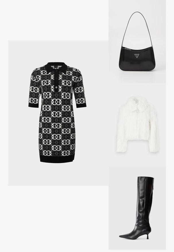 Trumpas baltas kailinis švarkas su pūkuota tekstūra, suapvalintu apykakle ir ilgomis rankovėmis. Minkšta, tanki medžiaga be matomų segtukų.; Megztas polo suknelė su juoda ir balta geometrine raštą. Savybės: trumpi rankovės, apykaklė ir trys mygtukai priekyje.; Juodai odiniai iki kelių batai su smailiu pirštu ir plonu lenktu kulnu. Lygus paviršius, prigludęs dizainas ir be matomų detalijų ar raštų.; Juodas lakinės odos peties krepšys, turintis kreivą formą, su sidabriniu trikampio logotipu ir užtrauktuko uždarymu. Lygus paviršius ir siauras diržas.