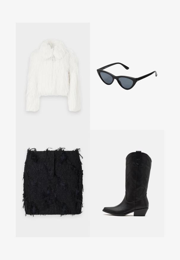 Skórzana biała kurtka o krótkim kroju z puszystą fakturą, z okrągłym kołnierzem i długimi rękawami. Miękki, gęsty materiał bez widocznych zapięć.; Dwie bezrękawnikowe, prążkowane bluzki z golfem w kolorze brązowym i czarnym, prezentowane na jednolitym białym tle.; Czarna spódnica o teksturowej strukturze z warstwowym frędzlami i lekko nieregularnym dołem, wykonana z lekkiego materiału.; Czarne skórzane kowbojskie buty z wydłużonym noskiem, niskim, szczotkowanym obcasem oraz misternym tłoczonym wzorem liści na cholewie. Pętla u góry ułatwiająca zakładanie.; Czarne okulary przeciwsłoneczne w kształcie kocich oczu z ciemnoszarymi soczewkami, smukłym plastikowym oprawie, spiczastymi rogami i prostymi zausznikami. Brak widocznych elementów metalowych lub akcentów.
