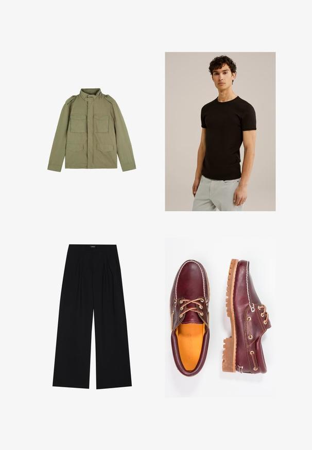Olivengrüne Militärjacke im Stil mit hohem Kragen, Schulterklappen und vier Vorderaschen; aus leichtem, glatt strukturiertem Stoff gefertigt.; Schwarzes T-Shirt mit kurzen Ärmeln und rundem Ausschnitt, aus einem glatten, dehnbaren Stoff gefertigt. Die Passform ist slim, so dass es eng am Körper anliegt.; YOURTURN UNISEX - Stoffhose - black; Bordeauxfarbene Lederschuhe mit braunen Gummisohlen, runder Zehenform, weißen Nähten und goldenen Ösen. Das Innenfutter weist eine gelbe Beschichtung auf.