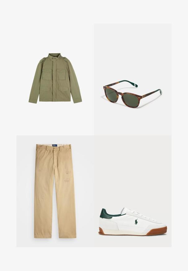 Olivengrüne Militärjacke im Stil mit hohem Kragen, Schulterklappen und vier Vorderaschen; aus leichtem, glatt strukturiertem Stoff gefertigt.; Weißes Polo-Shirt aus Baumwolle mit einem wiederholten blauen Hundemuster und einem kleinen blauen Logo auf der Brust. Kurze Ärmel und Kragen.; Beige Baumwollhosen mit geradem Schnitt. Verfügt über ausgefranste Flicken und Stickdetails auf der Vorderseite. Klassischer Knopf- und Reißverschluss.; Weiße Sneaker mit grünen Lederakzenten und einer braunen Gummisohle. Hat einen Stoffkörper und ein auffälliges Logo an der Seite. Schnürungsdesign.; Schildkrötensonnenbrille mit grünen Gläsern, runder Form, goldenen Akzenten und dunkelgrünen Bügeln mit einem weißen Streifen.