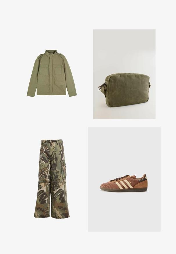 Giacca militare di colore verde oliva con colletto alto, spalline e quattro tasche frontali; realizzata in tessuto leggero con una texture liscia.; Maglietta bianca a maniche lunghe con scollatura a V, texture morbida e fessure laterali. Presenta un design semplice senza decorazioni o motivi.; Pantaloni cargo camouflage con una vestibilità ampia, realizzati in tessuto resistente in tonalità verde, marrone e beige, dotati di tasche cargo e chiusura a bottone.; adidas Originals SAMBA UNISEX - Sneakers basse - preloved brown/sand strata/dark brown; Borsa in tela verde oliva di forma rettangolare, con chiusura con cerniera e dettagli in pelle sul tirante della cerniera.