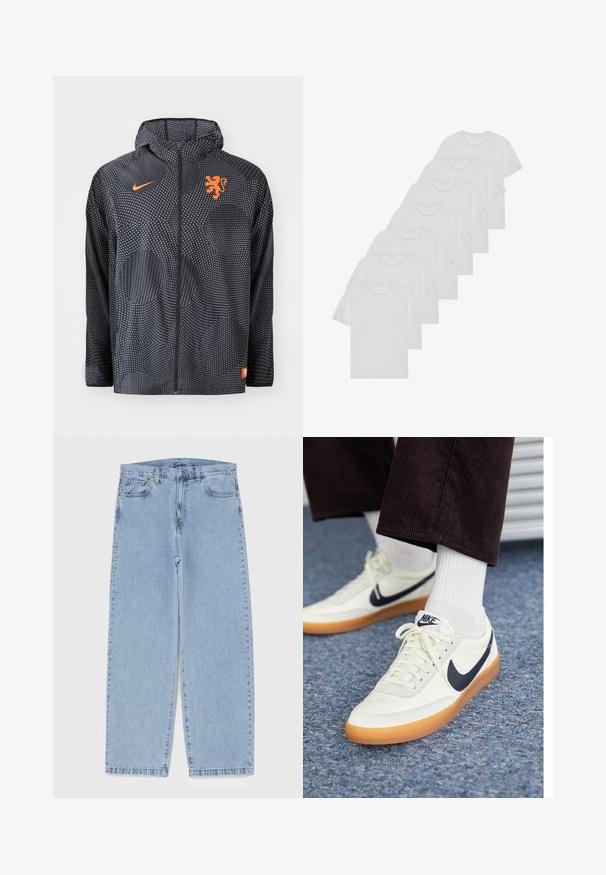 Czarna kurtka Nike w kropkowy wzór, z pomarańczowym emblematem lwa i logo. Posiada kaptur oraz zapinane na zamek z przodu.; Białe bawełniane koszulki, krótki rękaw, design z okrągłym dekoltem, gładka faktura, ułożone w rzędzie, z subtelnym logo przy dekolcie.; Jasnoniebieskie dżinsy o prostym kroju nogawki, z średnim stanem, pięcioma kieszeniami oraz zapięciem na guzik i zamek błyskawiczny.; Białe skórzane sneakersy Nike z granatowym swooshem, z gumową podeszwą i białymi sznurówkami, w połączeniu z białymi skarpetkami do kostek i ciemnymi spodniami z korduroju.