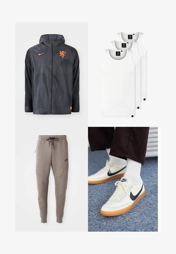 Nike jakna melnā krāsā ar punktu motīvu, ar oranžu lauvu emblēmu un logotipu. Iekļauj kapuci un rāvējslēdzēju priekšpusē.; Trīs baltas ribotas krūšturi, kas izgatavoti no kokvilnas. Iezīmēti ar apaļu kakla izgriezumu un maziem melniem etiķetēm tuvu apakšmalai. Pieejami vairākos izmēros.; Pelēki Nike sporta bikses ar aukliņu viduklī, sašaurinātiem galiem, sānu kabatām un izteiktām šuvēm. Mīksta, teksturēta auduma.; Baltās ādas Nike sporta apavi ar tumši zilu swoosh, ar gumijas zoli un baltiem šņorēm, kombinēti ar baltām sporta zeķēm un tumšām korduroja biksēm.