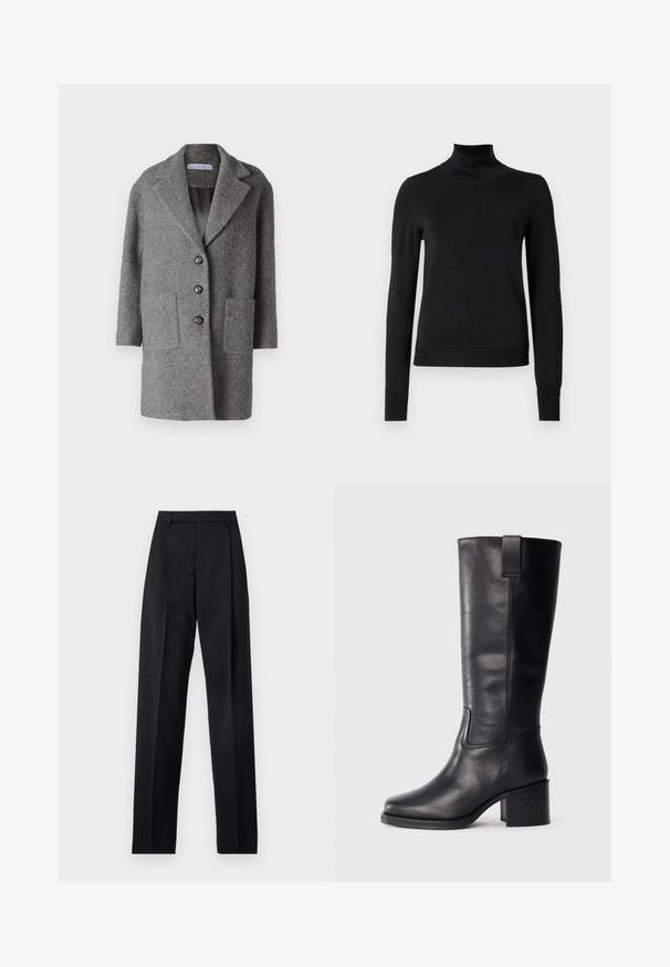 Cappotto grigio in lana con colletto a revers, tre bottoni, due tasche frontali e una fodera interna liscia. Design su misura e strutturato.; Pullover nero a maniche lunghe con collo alto, rifinito con polsini e orlo a coste, mostrato su uno sfondo bianco semplice.; Pantaloni neri realizzati in tessuto morbido, caratterizzati da vita alta, gambe larghe, pince frontali e classiche passanti per cintura. Non ci sono tasche laterali visibili.; Stivali al ginocchio in pelle nera con una texture liscia, punta quadrata, tacco a blocco e linguetta laterale, caratterizzati da dettagli di cucitura minimi.
