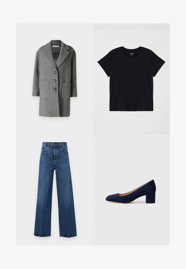 Pelēks vilnas mētelis ar atlokamu apkakli, trim pogām, divām priekšējām kabatām un gludu iekšējo oderi. Veidots, strukturēts dizains.; Melns īsais krekliņš ar īsām piedurknēm, kas izgatavots no mīkstas kokvilnas. Klasisks apaļas kakla dizains ar vienkāršu, neizpušķotu virsmu un brīvu piegriezumu.; Plati zilie džinsi no denima ar augstu jostasvietu, priekšējiem kabatām un kontrastējošiem diegiem. Audumam ir gluda tekstūra.; Tumši zili zamšādas kurpes ar norādītu degunu un vidēja augstuma blokveida papēdi. Gluda tekstūra ar smalku spīdumu un nelielu izgriezumu priekšā.