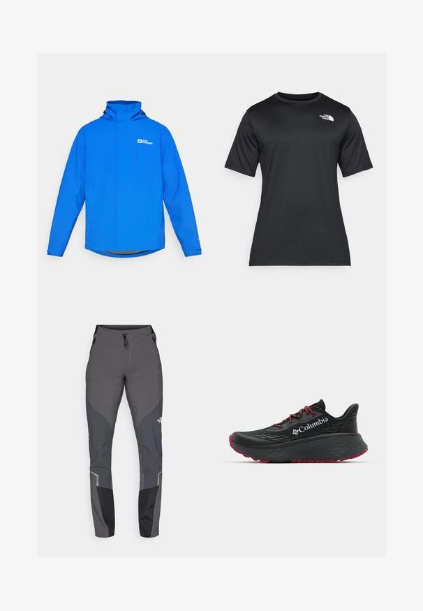 Mėlyna nepralaidi vandeniui striukė su aukštu apykakle, reguliuojama kapuča ir ilgomis rankovėmis. Turime logotipą ant krūtinės ir lygų, matinį paviršių.; Juoda trumpų rankovių marškinėliai, pagaminti iš lengvos, drėgmę praleidžiančios medžiagos. Viršuje kairėje krūtinės pusėje yra balta logotipo etiketė, o apykaklė yra klasikinio stiliaus.; Pilkos žygio kelnės, su siaurėjančiu dizainu, keliais kišenėmis ir kontrastingomis tamsiai pilkomis ir juodomis detalėmis. Pagamintos iš elastingos, tvirtos medžiagos.; Juodas sportinis batelis su tekstūruota viršutine dalimi, raudonais raišteliais ir logotipu. Storas padas su raštuotu protektoriu traukai. Minimalistinis dizainas, šoninis vaizdas.