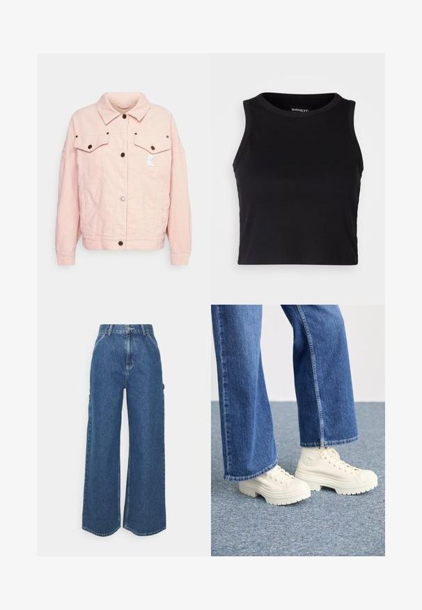 Karl Kani JACKET - Casaco de verão - rose; Top cropped preto canelado com gola redonda e design sem mangas. Feito de um tecido macio e elástico, apresentando bordas limpas e com bainha.; Calças de ganga azuis de perna larga com cintura alta, costuras em contraste e bolsos laterais, apresentando um design clássico de cinco bolsos e bainhas desfiadas.; Ténis brancos de cano alto com solas grossas e estriadas e detalhe de logótipo circular, usados com jeans de ganga de perna larga em azul claro.