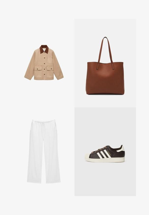 Jachetă bej cu guler din catifea maro. Are închidere cu butoni, un buzunar pe piept și două buzunare frontale. Fabricată dintr-un material durabil.; Pulover scurt, cu mânecă scurtă, tricotat, de culoare bej, cu decolteu rotund, având un model texturat și tiv cu nervuri. Design simplu, ajustat.; Pantaloni albi cu picioare largi, confecționați dintr-un material moale, având o talie elastică cu șnur și două buzunare laterale. Design simplu și curat.; Pantof sport Adidas Superstar cu model slip-on, din piele maro închis, cu vârf shell crem, dungi albe și inscripția „Superstar” pe lateral.; Geantă de umăr din piele maro cu o textură netedă, design cu vârf deschis și două curele pentru umăr. Prezintă cusături minime și fără componente metalice vizibile.
