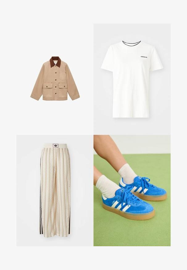 Beige sako s hnědým sametovým límcem. Obsahuje zapínání na knoflíky, náprsní kapsu a dvě přední kapsy. Vyrobeno z odolné látky.; Bílý bavlněný tričko s krátkými rukávy a kulatým výstřihem. Má černé logo Adidas na hrudi a kontrastní černý vnitřní límeček.; Krémové široké kalhoty s cikcak vzorem, s černým logem na pásu a černými pruhy po stranách. Lehčí, texturovaná tkanina.; Modré semišové tenisky s bílými pruhy, gumovou podrážkou, kulatou špičkou a textilními tkaničkami. V kombinaci se smetanovými ponožkami na zeleném povrchu.