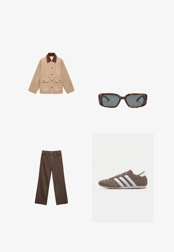 Bež jakna s smešanim kordura ovratnikom. Ima zatvaranje na dugmad, džep na grudima i dva prednja džepa. Napravljena je od izdržljive tkanine.; Smeđi kratki rukav majica od mekog materijala, s okruglim izrezom i opuštenim krojem. Nema vidljivih uzoraka ili naglasaka.; Proširene smeđe traperice od denima, s visokim strukom, prednjim džepovima i klasičnom kopčom na dugme. Glatka tekstura s suptilnim šavovima.; Smeđi zamakani sportski tenisice s bijelim prugama, okrugli vrh, vezanje, i potplat od gumene smole. Teksture gornjeg dijela s detaljima šivanja.; Smešane sunčane naočale s pravokutnim lećama, debelim okvirom i tamnim lećama. Glatka tekstura i minimalistički dizajn.