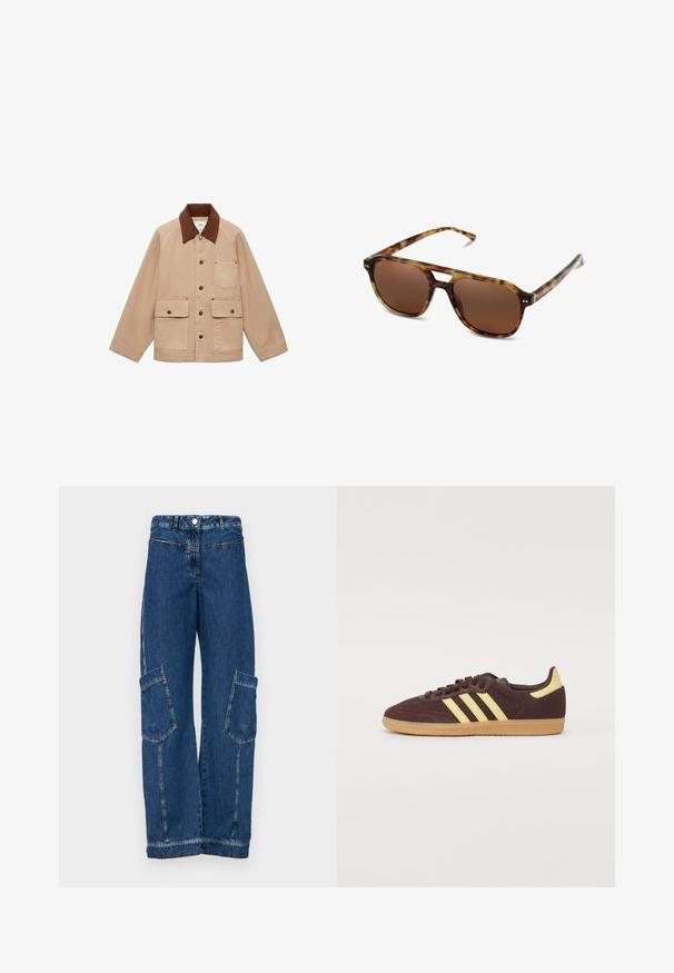 Beige Jacke mit einem braunen Cordkragen. Sie verfügt über eine Knopfverschluss, eine Brusttasche und zwei frontale Taschen. Hergestellt aus strapazierfähigem Stoff.; Weißes T-Shirt mit kurzen Ärmeln aus Baumwolle. Hat einen Rundhalsausschnitt und eine lockere Passform. Glatte Textur ohne sichtbare Muster oder Akzente.; Blaue Denim-Cargohosen mit hoher Taille, weitem Bein, zwei großen Seitentaschen sowie traditionellen Nieten- und Stichdetails.; Brauner Sneaker mit gelben Streifen, ausgestattet mit einem strukturierten Obermaterial und einer kontrastierenden Gummisohle. Schnürdesign mit gepolstertem Schaft und Zunge.; Schildpatt-Sonnenbrille mit braunen Gläsern, rechteckiger Form und dünnen Bügeln. Verfügt über subtile metallische Akzente im Gestell.