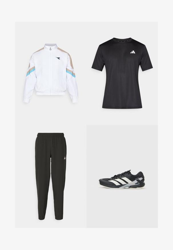 White windbreaker jacket with a zip front, elastic cuffs, and hem. Features tan and blue accents on shoulders and a logo on the chest.; Black athletic t-shirt made of lightweight mesh fabric, featuring short sleeves and a white logo on the left chest area.; Black athletic pants with an elastic waistband, slim fit, and white logo on the left leg. Smooth, lightweight fabric.; Black athletic shoe with white stripes, mesh upper, rounded toe, and cushioned sole. Features a textured heel and secure lacing system.