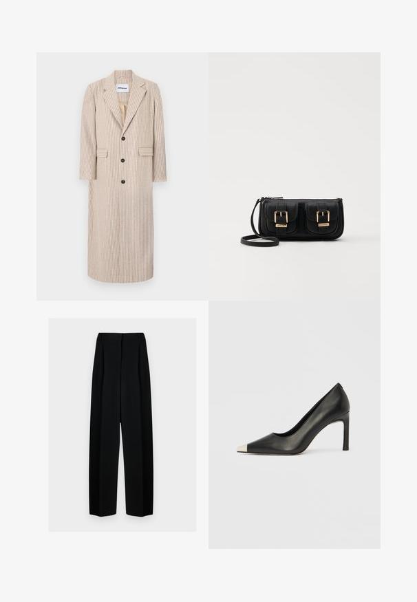 Beige long coat with vertical stripes, made of textured fabric, featuring a notched collar, three buttons, and two side pockets.; Black ribbed long-sleeve sweater with a high, ruffled neck. The fabric is smooth with a fitted silhouette and features vertical stripes.; Black wide-leg trousers with a high waist, featuring pleats and a smooth texture. The fabric appears lightweight and drapes elegantly.; Black leather high heel shoe with a pointed toe and a metallic silver cap. Features a smooth finish and a slender 10 cm heel.; Black leather crossbody bag with two front pockets, gold buckles, zipper closure, and a slim strap. Textured surface and compact rectangular shape.