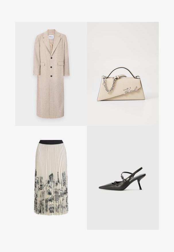 Gaiši brūns garais mētelis ar vertikālām svītrām, izgatavots no struktūras auduma, ar iegrieztu apkakli, trim pogām un divām sānu kabatām.; Melna īsā topiņa ar augstu kaklu, kurai ir sudraba mirdzošas vertikālas svītras, caurspīdīgas piedurknes un teksturēta auduma.; Kremkrāsas pleitota svārki ar melnu jostasvietu, kas papildināta ar detalizētu arhitektūras skiču druku melnā krāsā, akcentējot dažādus ēku dizainus.; Melnas ādas slingback papēži ar norādītu purngalu, izsmalcinātu papēdi un dekoratīvu sprādzi uz priekšpuses. Gluda tekstūra un elegants dizains.; Bežs ādas roku soma ar strukturētu, trīsstūrveida formu, piedāvā sudraba ķēdes rokturi un kursīva metāla logotipu.