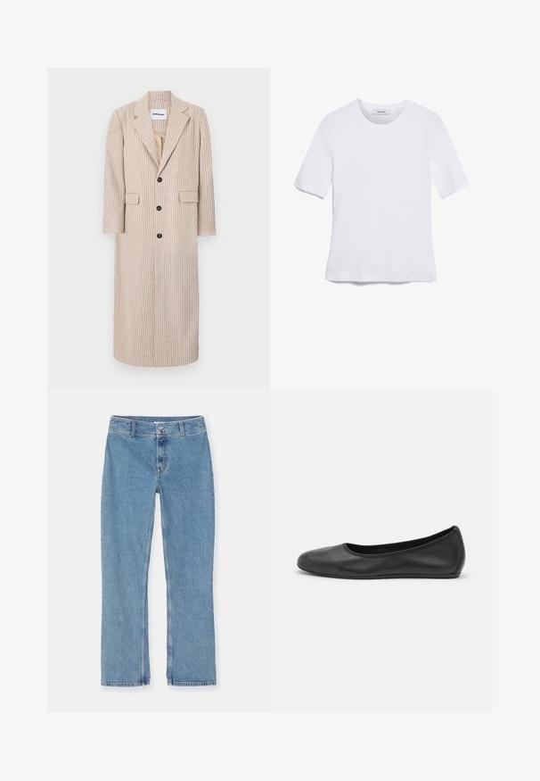 Beige lange jas met verticale strepen, gemaakt van textuurstof, met een gekantelde kraag, drie knopen en twee zijzakken.; Witte korte mouwen t-shirt van ribstof. Ronde halslijn, normale pasvorm en subtiele stiksels. Geen patronen of grafische elementen.; Lichtblauwe recht gesneden denim jeans met knoop- en ritssluiting, riemlussen en standaard stiksel op een witte achtergrond.; Zwarte leren ballerina met een ronde neus, gladde textuur, minimale stikdetails en een flexibele zoolontwerp.