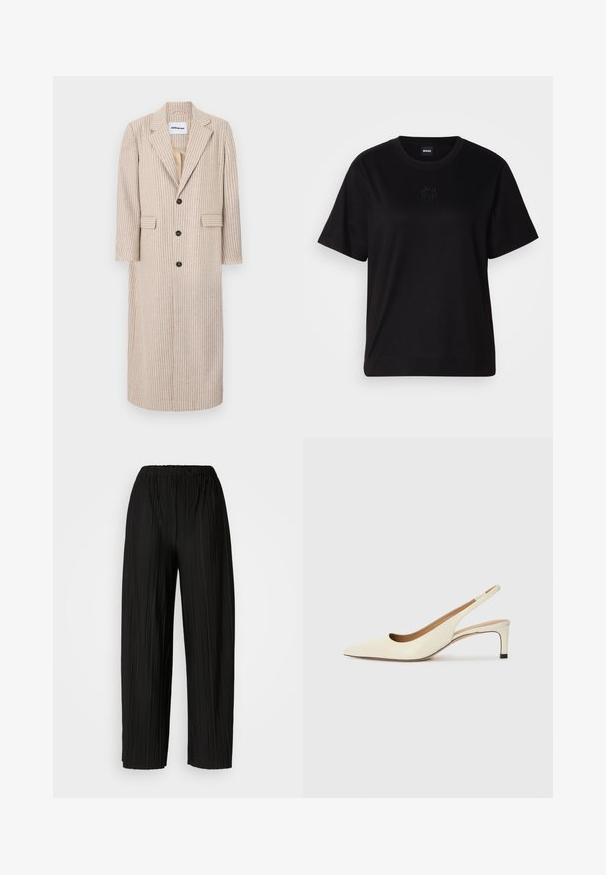 Cappotto lungo beige con righe verticali, realizzato in un tessuto testurizzato, con colletto a revers, tre bottoni e due tasche laterali.; Maglietta in cotone nera con scollatura tonda, maniche corte e logo ricamato sul petto. Design semplice e vestibilità rilassata senza motivi.; Pantaloni neri a gamba larga plissettati con vita elastica. Il tessuto presenta pieghe verticali e una consistenza liscia.; Scarpa slingback a punta in pelle bianca sporca, caratterizzata da un tacco basso e un design con ritagli, dal texture liscia e con accenti minimi.